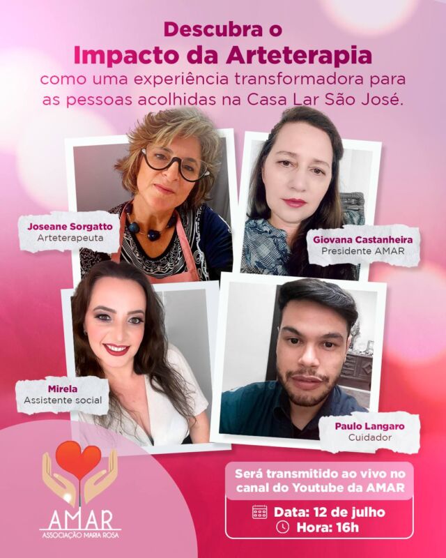 🎨 Arteterapia na Vida das Pessoas Idosas da Casa Lar São José 🧓❤️

Estamos muito animados em convidar todos vocês para um podcast ao vivo que abordará o impacto da Arteterapia como uma experiência  transformadora para as pessoas acolhidas na Casa Lar São José.

🗓 Data: 12 de julho
⏰ Hora: 16h

No podcast, vamos explorar como a arteterapia pode trazer alegria, melhorar a saúde mental e proporcionar momentos de felicidade e expressão para nossos amados residentes.

Será uma oportunidade incrível para aprender mais sobre essa prática maravilhosa e como ela pode fazer a diferença na vida das pessoas.

Vamos juntos promover o bem-estar e a qualidade de vida das pessoas idosas! Compartilhe com seus amigos e familiares.

#AMAR #Arteterapia #CasaLarSãoJosé #BemEstar #QualidadeDeVida #Idosos #Podcast